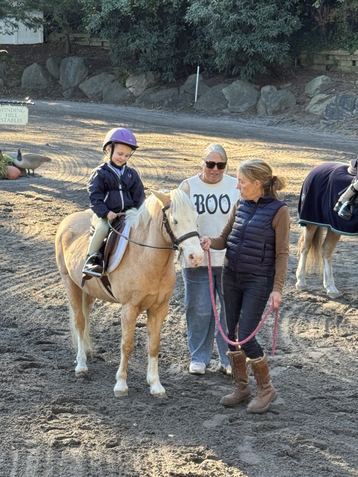 Young rider on a palomino pony with helpers at our October horse show