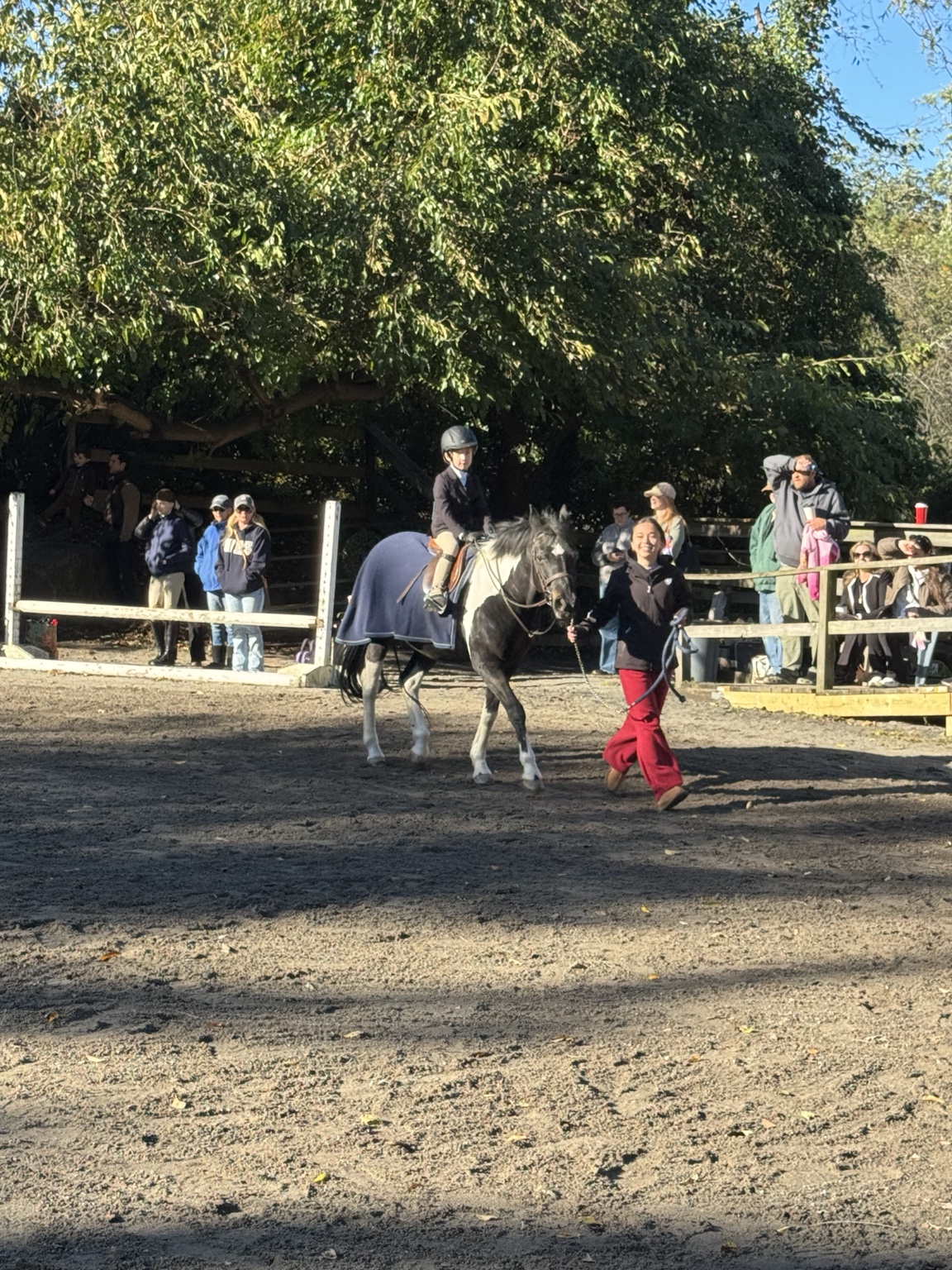 Rider on a black-and-white pony with a smiling handler in the show ring