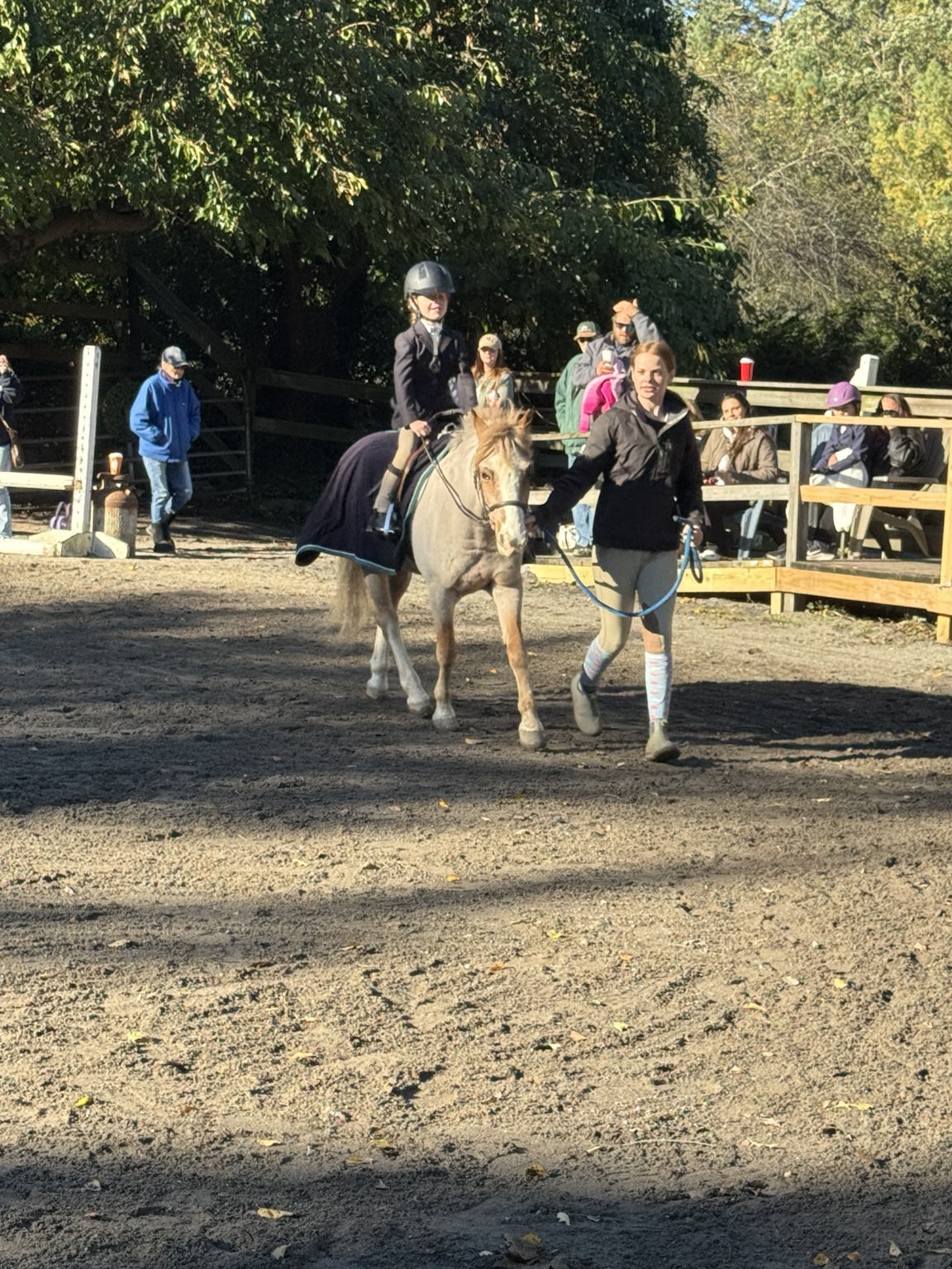 Young rider and pony passing spectators at our October horse show
